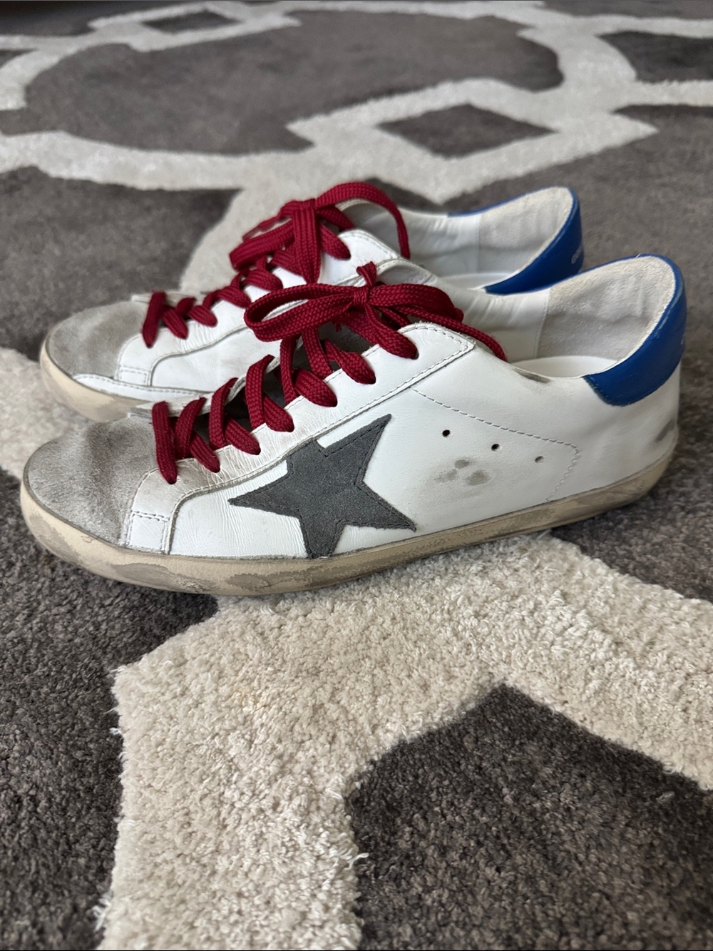 Golden goose White Sneakers with Gray Star, Blue Heel & Red Laces